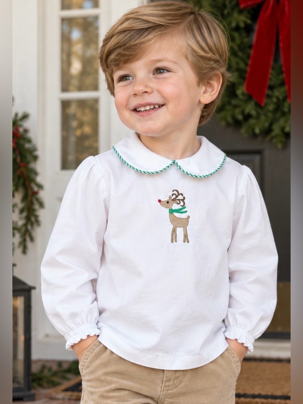 Bailey Boys 3T Christmas Reindeer Peter Pan Collar Long Sleeve Back Button Shirt